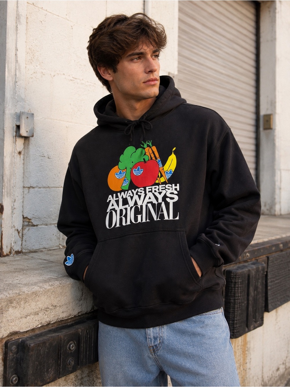 adidas Black Pullover Hoodie with Colorful Fruit Graphic